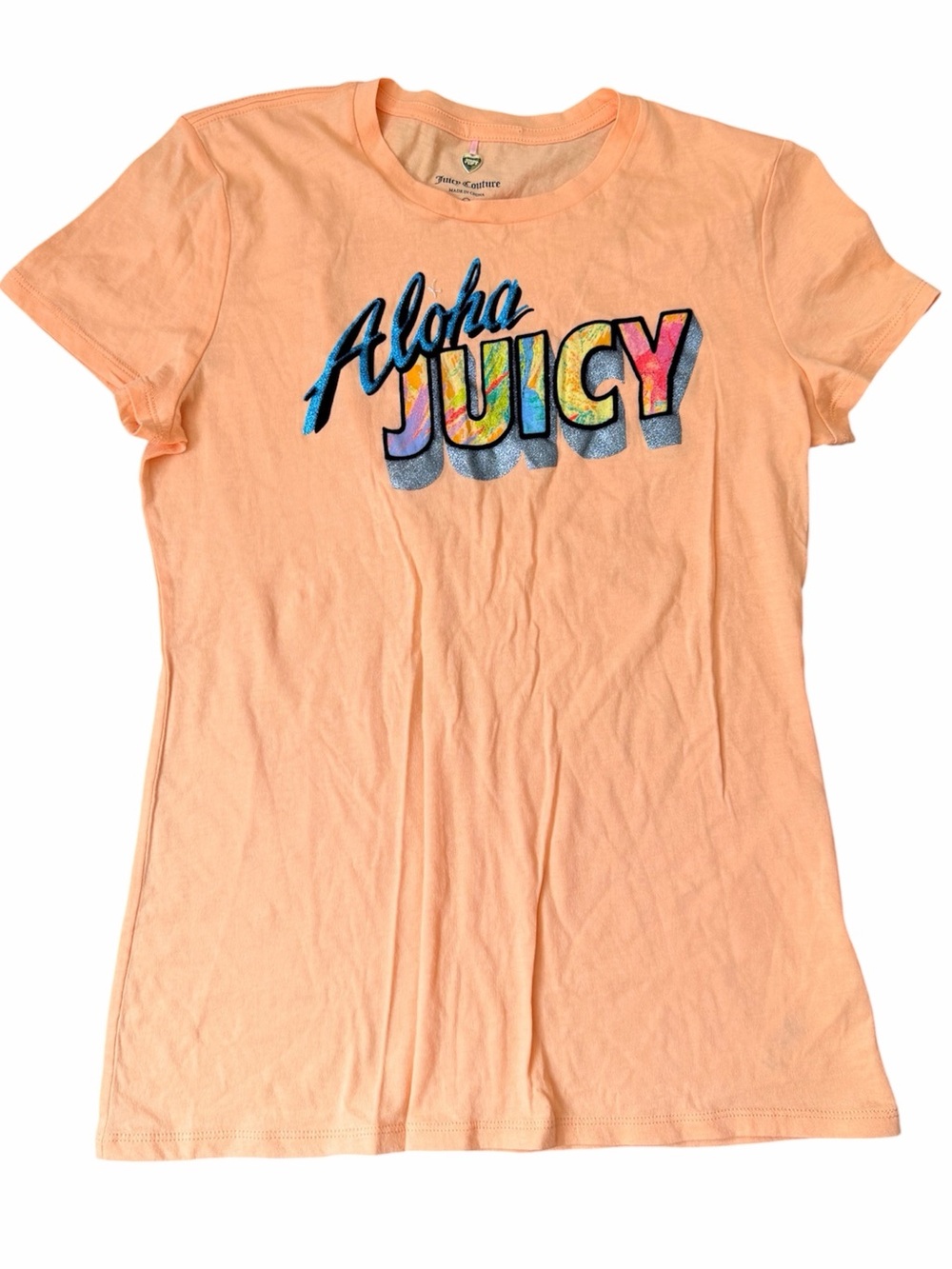 JUICY COUTURE Aloha T-Shirt Glitter 100% Cotton Peach Colour Women’s Size Small